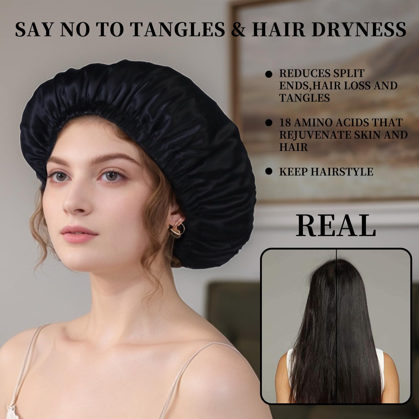 100% Mulberry Silk Bonnet for Sleeping Women Long Hair -Double Layer Sleep Cap -Silk Sleep Bonnet with Elastic Stay On Head (Black, Large)