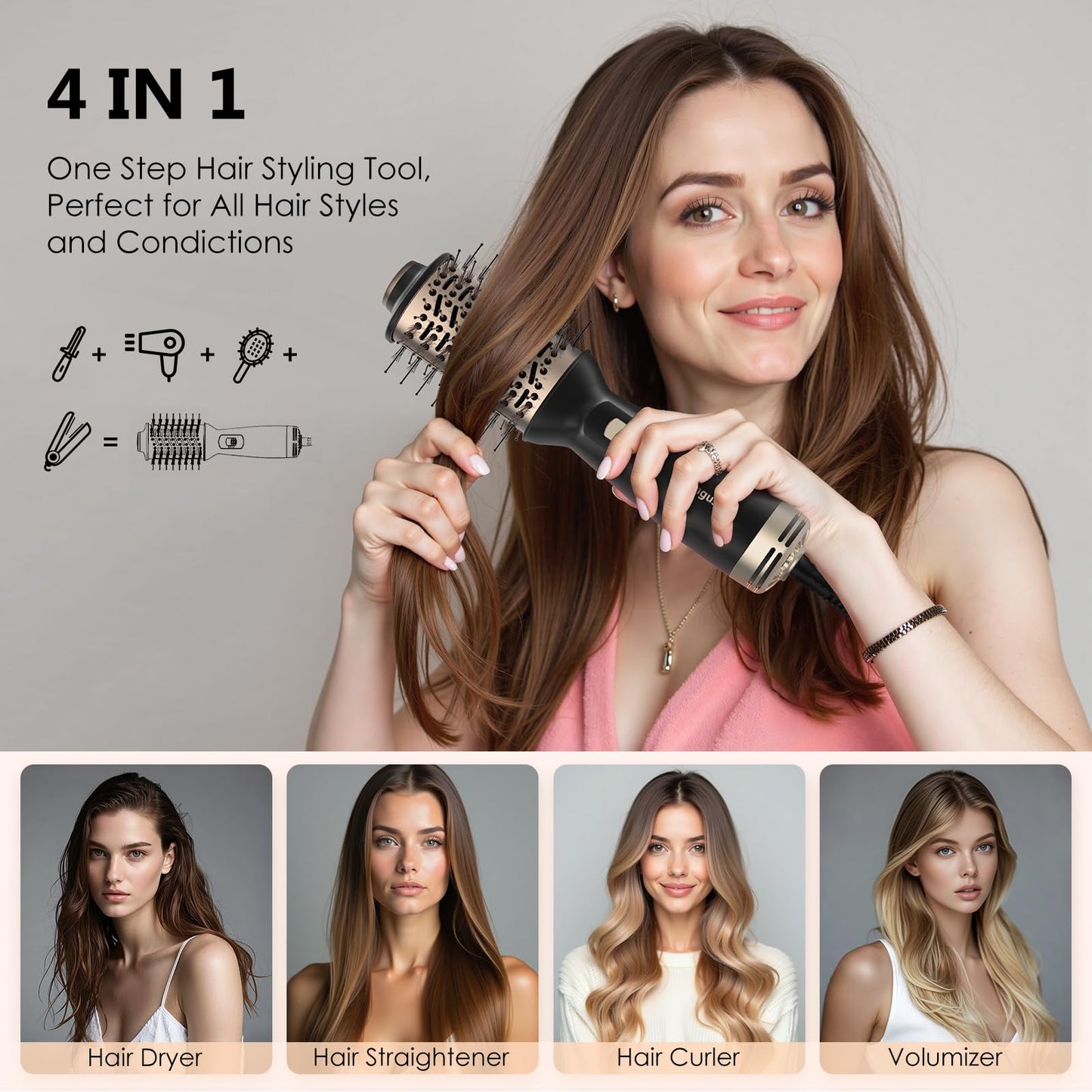 4 in 1 Travel Dual Voltage Hair Dryer Brush, Mini Auto Blow Dryer Brush in one, 2 Inch Hot Air Brush and Styler for Home & Salon, 3 Heat Settings with EU&UK Plug (Gold)