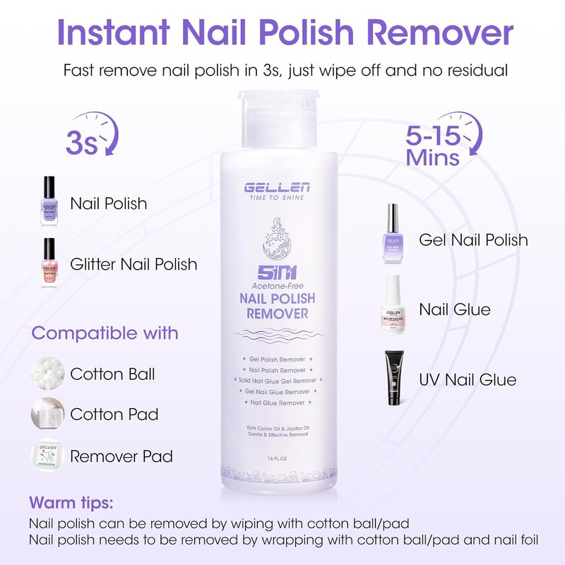 Gellen Non Acetone Nail Polish Remover - Jojoba & Castor Oil Enriched | 16 Fl Oz Soak Off Gel Polish Remover for Home Use