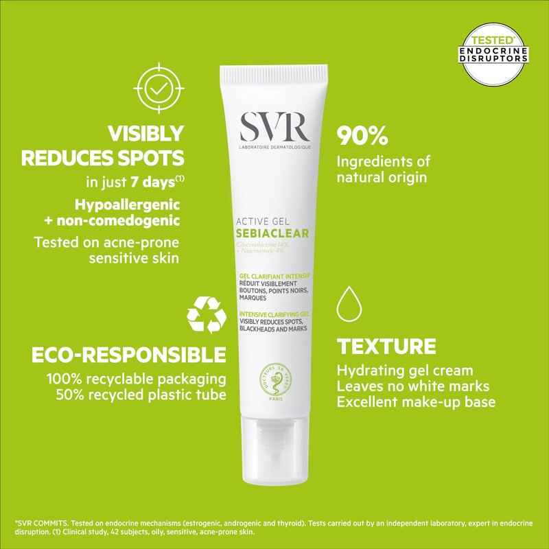 SVR Sebiaclear Active Face Gel Cream With Niacinamide, For Oily To Combination Skin. Facial Moisturizer To Reduce The Appearance Of Blemishes, Blackheads And Redness, Oil Free Skincare, 1.3 Fl.oz.