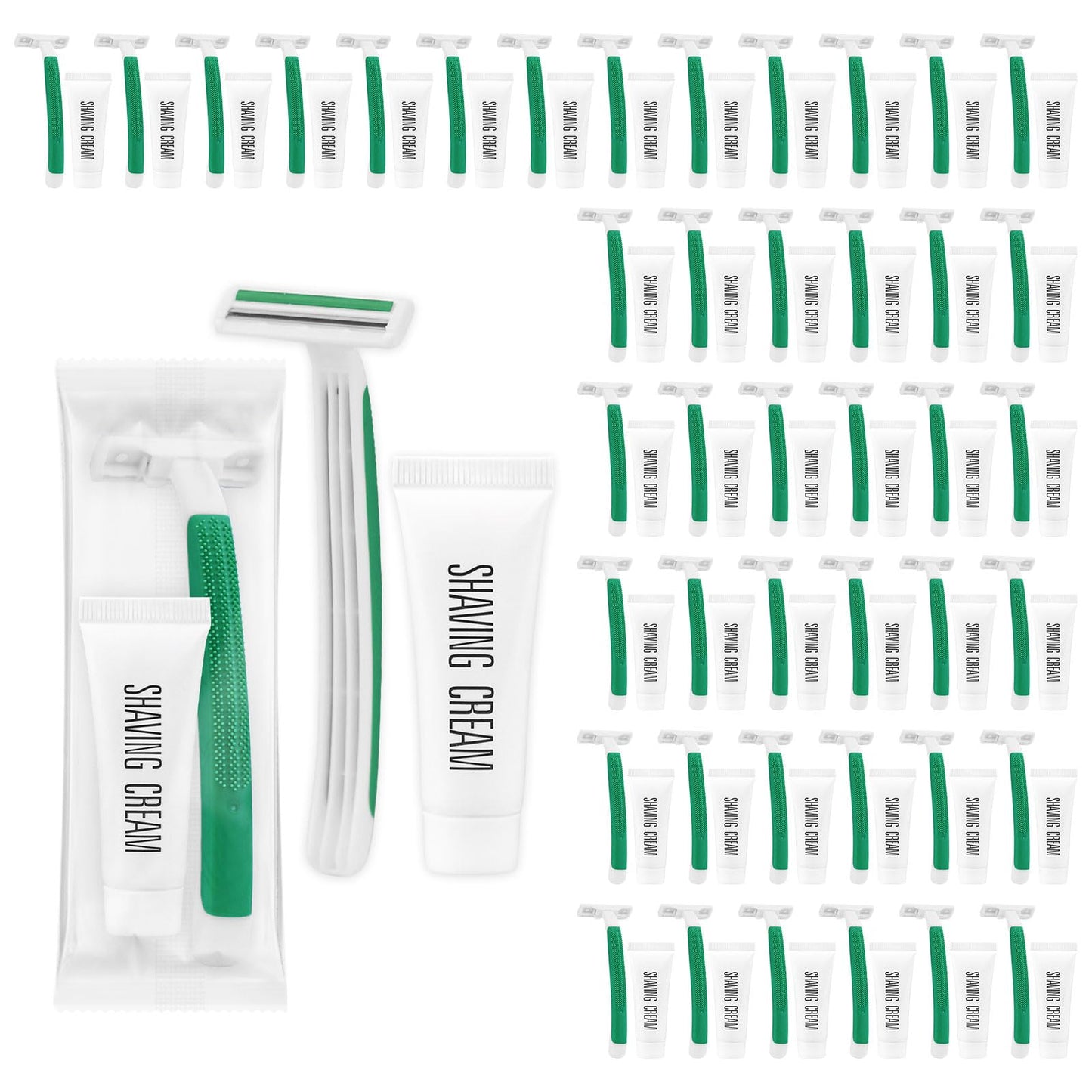 Disposable Razors in Bulk ,Green Razors Individually Wrapped Bulk,Twin Blade Razors with Clear Safety Cap and Shaving Cream, Razors For Homeless, Hotel,Air Bnb,Shelter/Homeless/Travel (100)