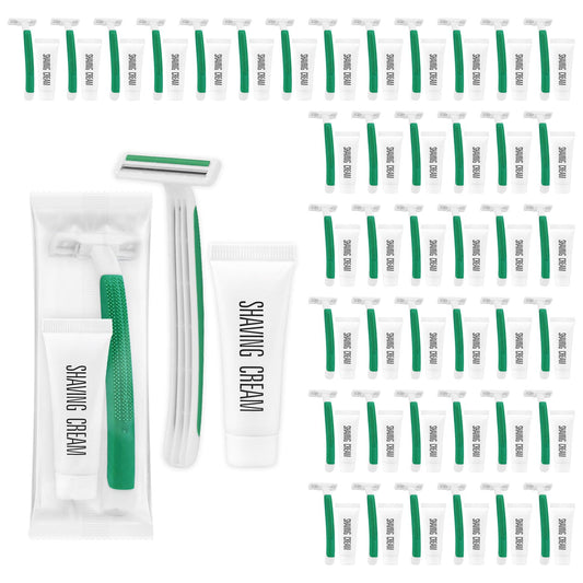 Disposable Razors in Bulk ,Green Razors Individually Wrapped Bulk,Twin Blade Razors with Clear Safety Cap and Shaving Cream, Razors For Homeless, Hotel,Air Bnb,Shelter/Homeless/Travel (100)