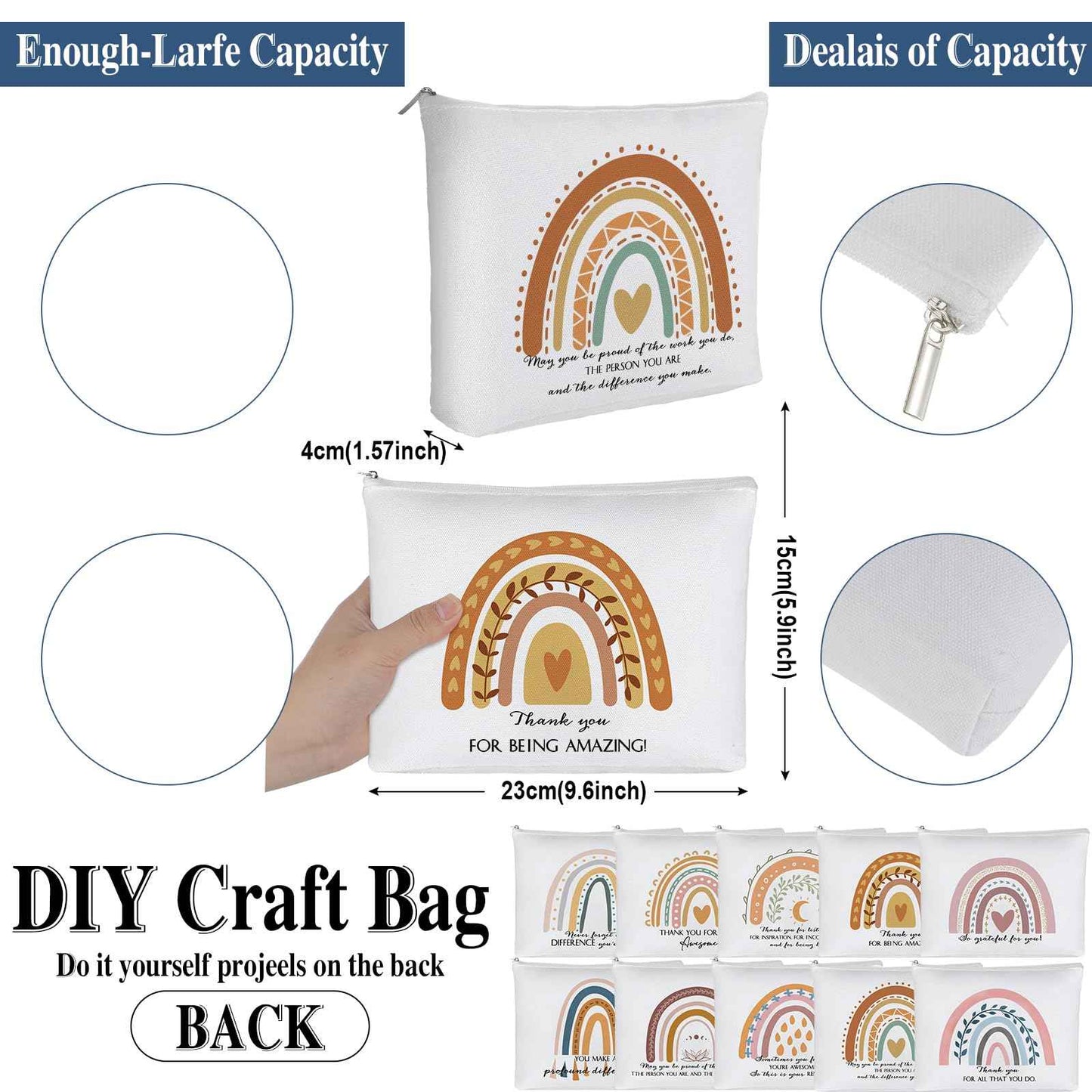 Hillban 60 Pcs Rainbow Canvas Makeup Bags Bulk Christmas Rbt Teacher Appreciation Gifts 30 Cosmetic Bags 30 Inspirational Keychains for Women Teacher Coworker Volunteer Nurse