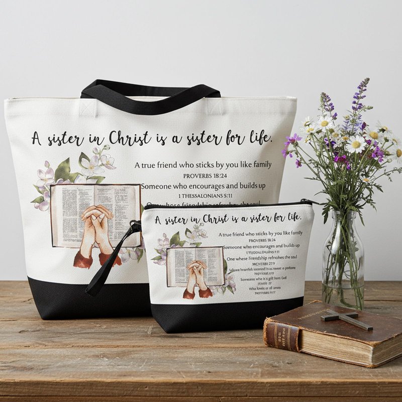 Paterr 6 Pcs 250th Anniversary Christian Tote Bags for Women, Bible Tote Bag and Canva Makeup Bag Inspirational Gifts for Teacher Nurse Ladies Sister Birthday Friendship Old Maids (Sister in Christ)
