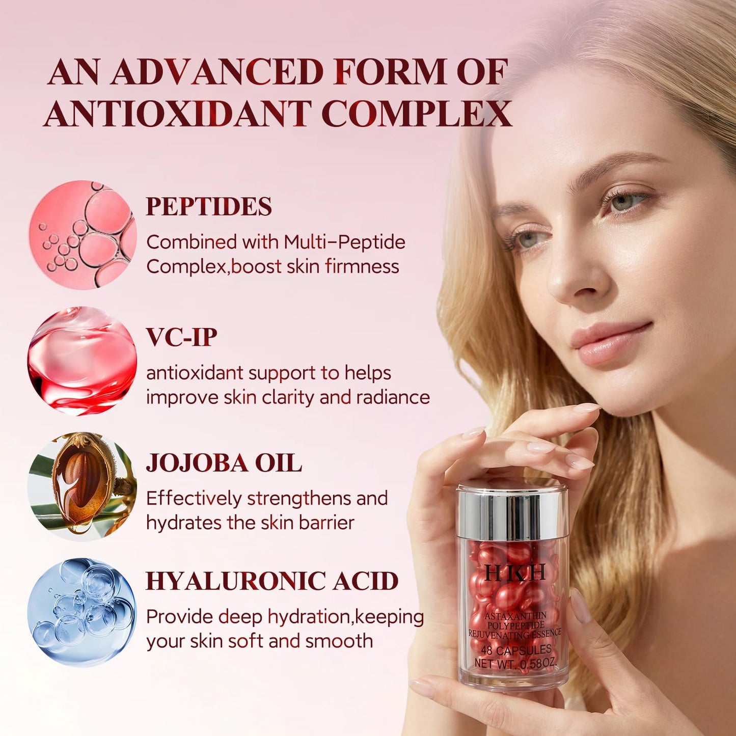 HKH Peptide Serum Capsules for Face: 48 Caps Anti-Aging & Firming Skin with Astaxanthin and Niacinamide - Antioxidant Serum for Smoothing Fine Lines - Even Tone for 30+ Women - Travel-Friendly