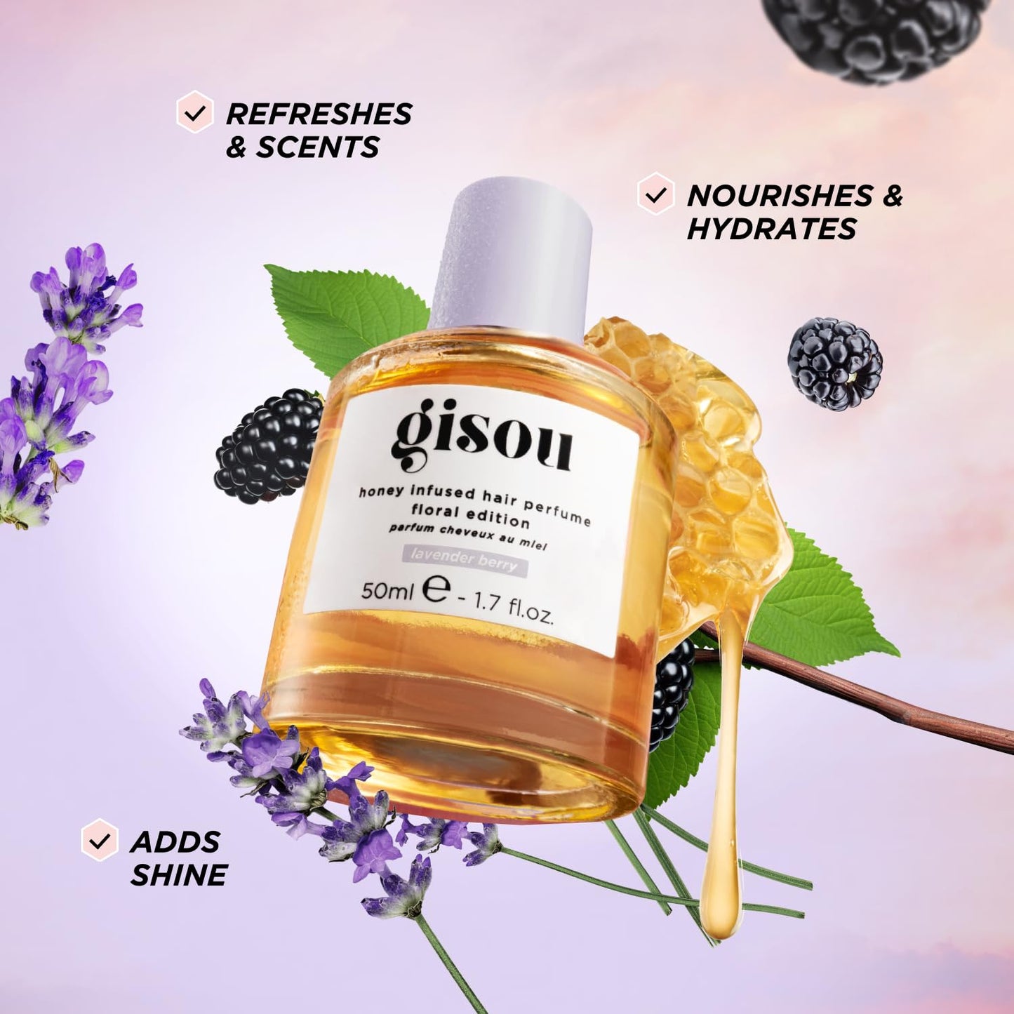 Gisou Honey Infused Hair Perfume Mini – Long-Lasting Hair Fragrance with Mirsalehi Honey & Argan Oil, Lavender Berry, 15ml