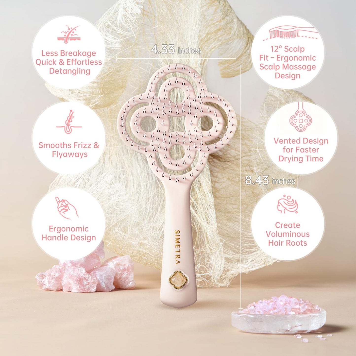 Simetra Detangler Hair Brush for Woman and Men, Original Detangling Brush for Curly Hair/Fine &Thick/Wet & Dry Hair, Flexible Bristles Hairbrush - Natural Crystal Inlay & 14K Gold Plating