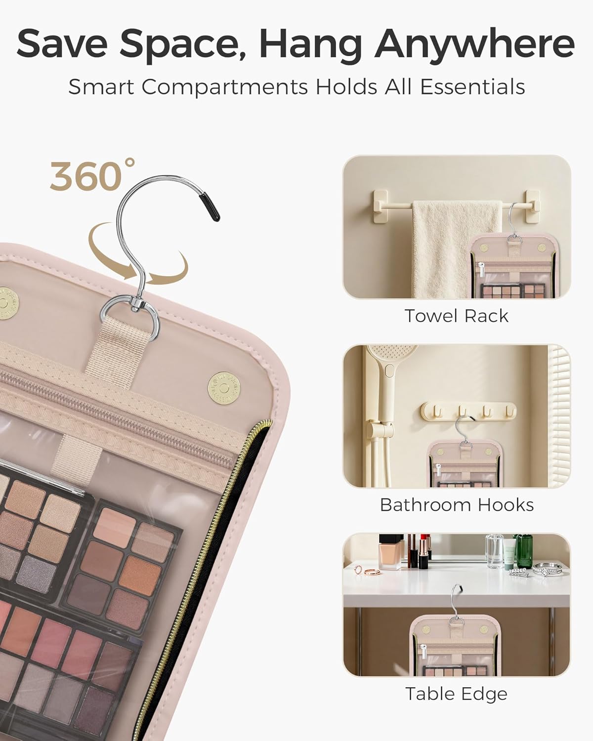 Large Capacity Hanging Toiletry Bag - PU Leather Makeup Organizer with Jewelry Compartment | Pink