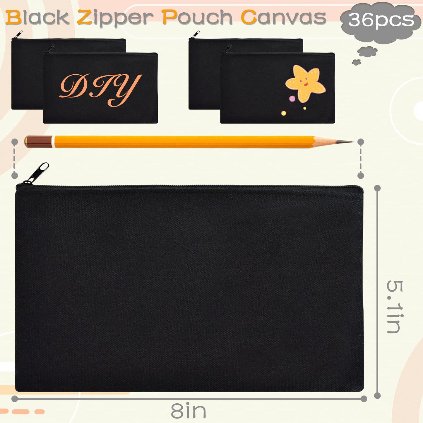 ZeeDix 36 Packs Black Canvas Pouch- Multi-purpose Cosmetic Bag with Zipper, Blank DIY Craft Canvas Zipper Bag, Travel Toiletry Bag (8.3 x 5 inches)