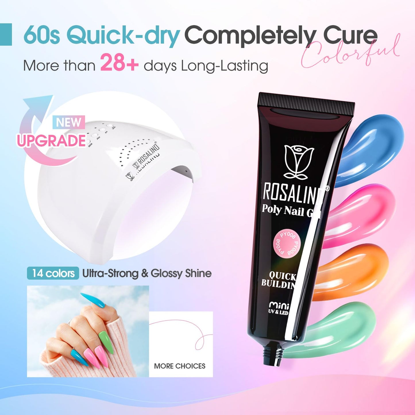 ROSALIND Neon Poly Nail Gel Kit with Drill -14 Colors Poly Extension Gel with U V Lamp Slip Solution and Electric Nail Drill Starter Kit, 0.34 oz/10 ml Nails Extension Set Home Salon DIY for