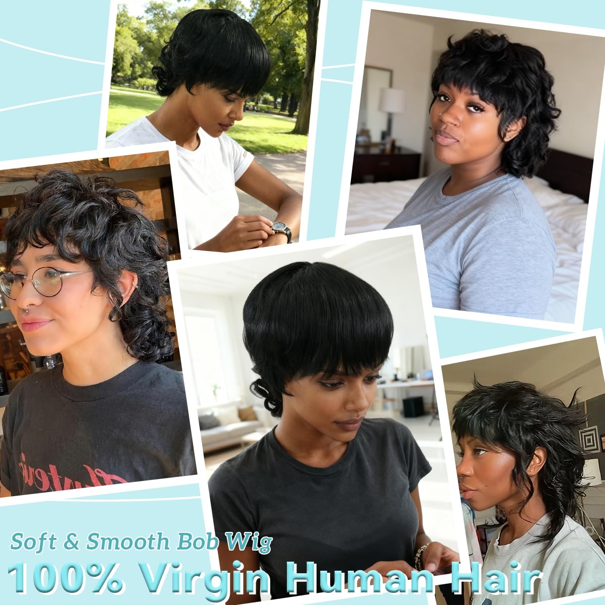 Msviki Mullet Full Machine Made Human Hair Wigs For Women Glueless Pixiecut Curly Wigs With Bangs Body Wave Brazilian 100% Virgin Human Hair Wig Dovetail Wear And Go Human Hair Wigs 180% Density