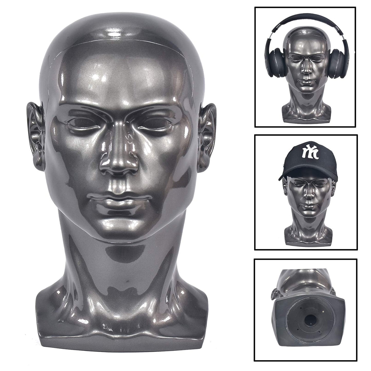 FanLin Male Mannequin Head Professional Manikin Head for Display Wigs Hats Headphone Mask Sunglasses Jewelry and Scravat Display Stand (Bright Gray)