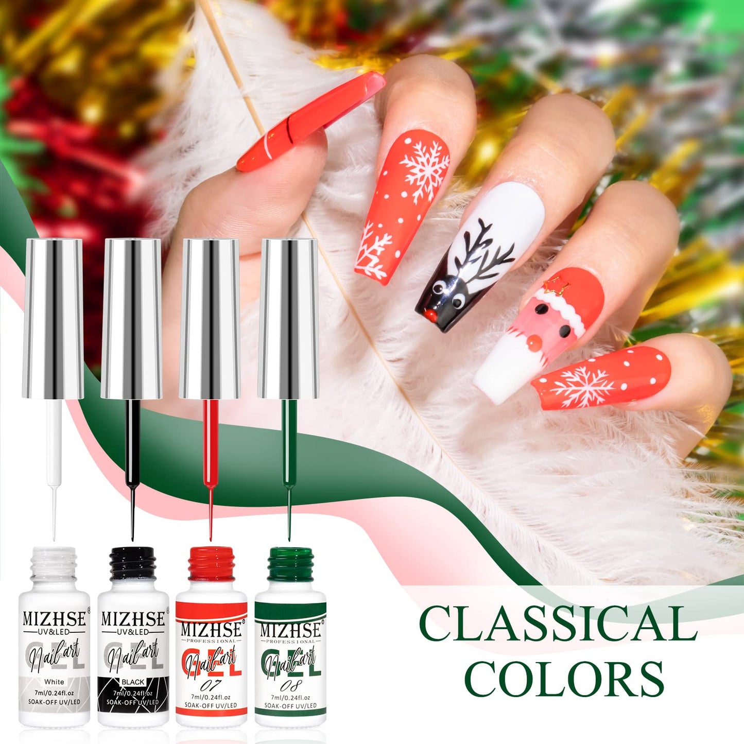 MIZHSE Gel Liner Nail Art Polish Christmas Spider Line 7ml, Drawing Painting Swirl French Nail Design, Green Red Manicure Set for Gel Paint