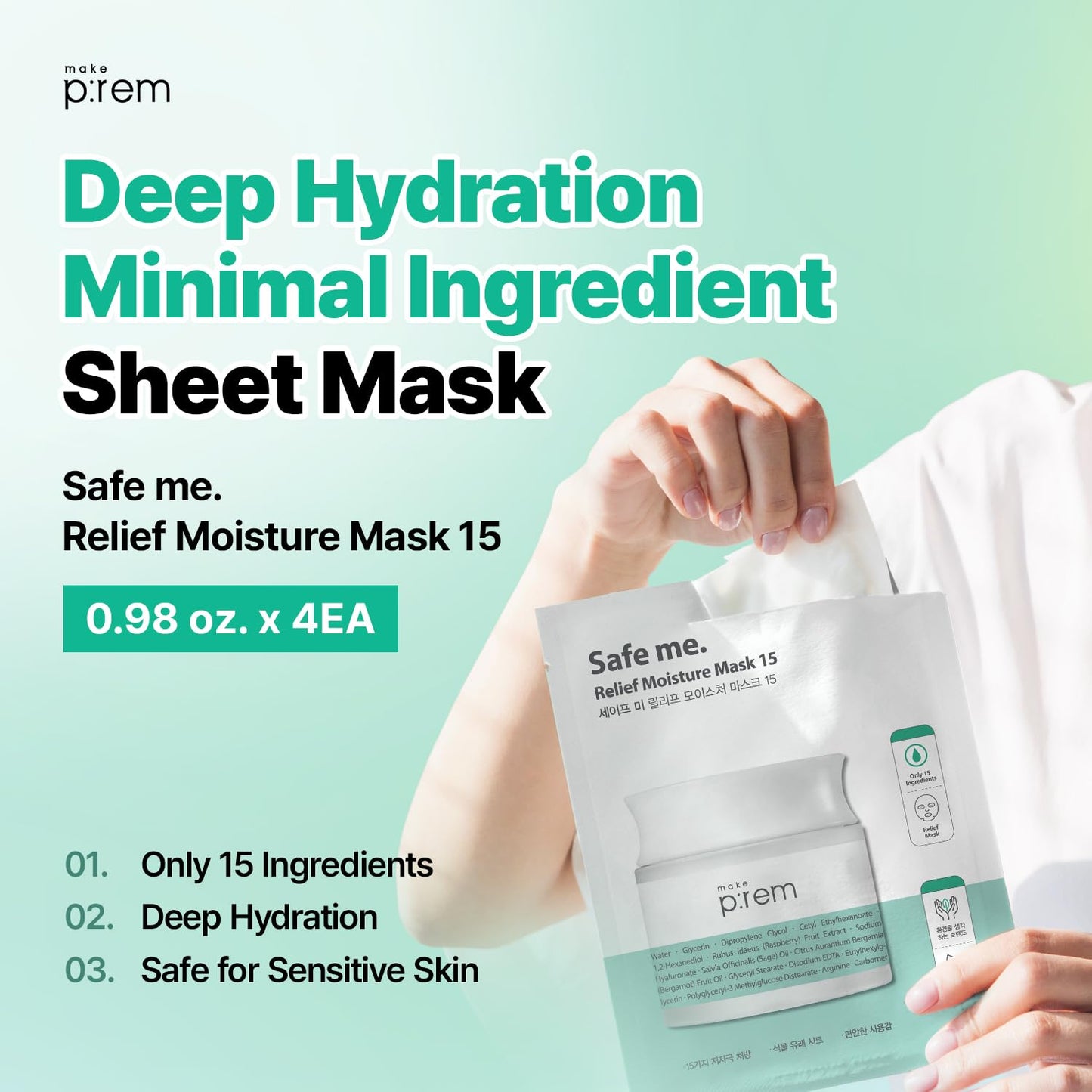 MAKE P:REM Safe Me. Relief Moisture Mask 15, Hydrating Sheet Mask with Natural Ingredients, Enriched with Hyaluronic Acid for Comfort and Glow, Korean Skin Care, 0.84 fl.oz. (25ml) x 10EA