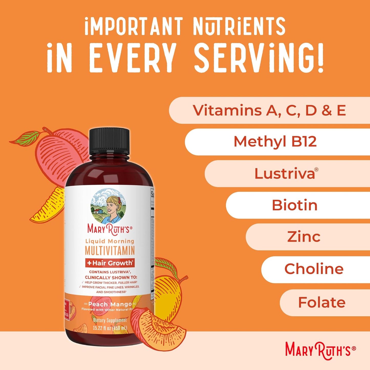 MaryRuth's Liquid Morning Multivitamin & Hair Growth Formula - Peach Mango, 15.22oz | Vegan, Non-GMO, Immunity Support