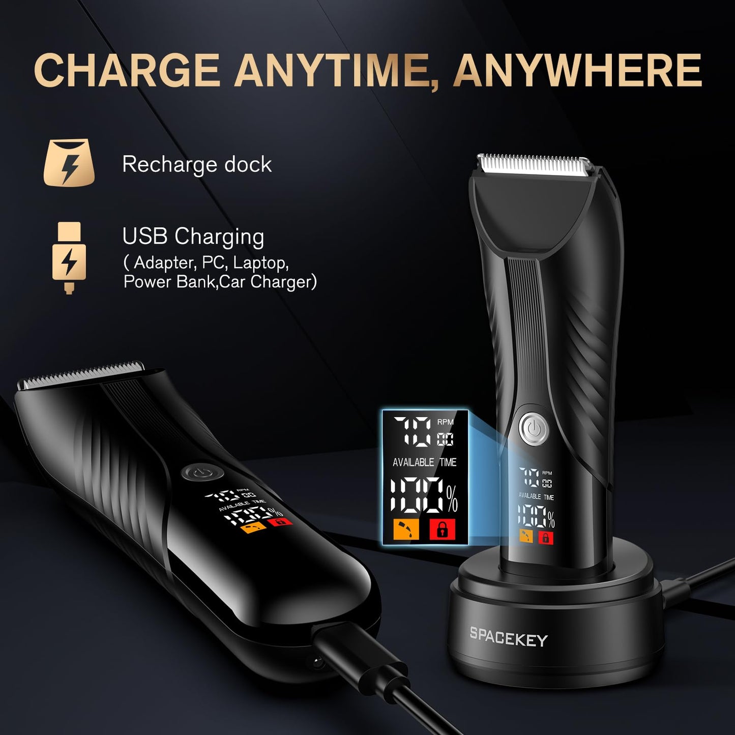 Spacekey Electric Body Hair Trimmer - IPX7 Waterproof Ball Trimmer for Men with LED Light, Wet/Dry Groomer, USB-C Rechargeable, Travel Bag Included - Men's Pubic, Groin and Body Shave