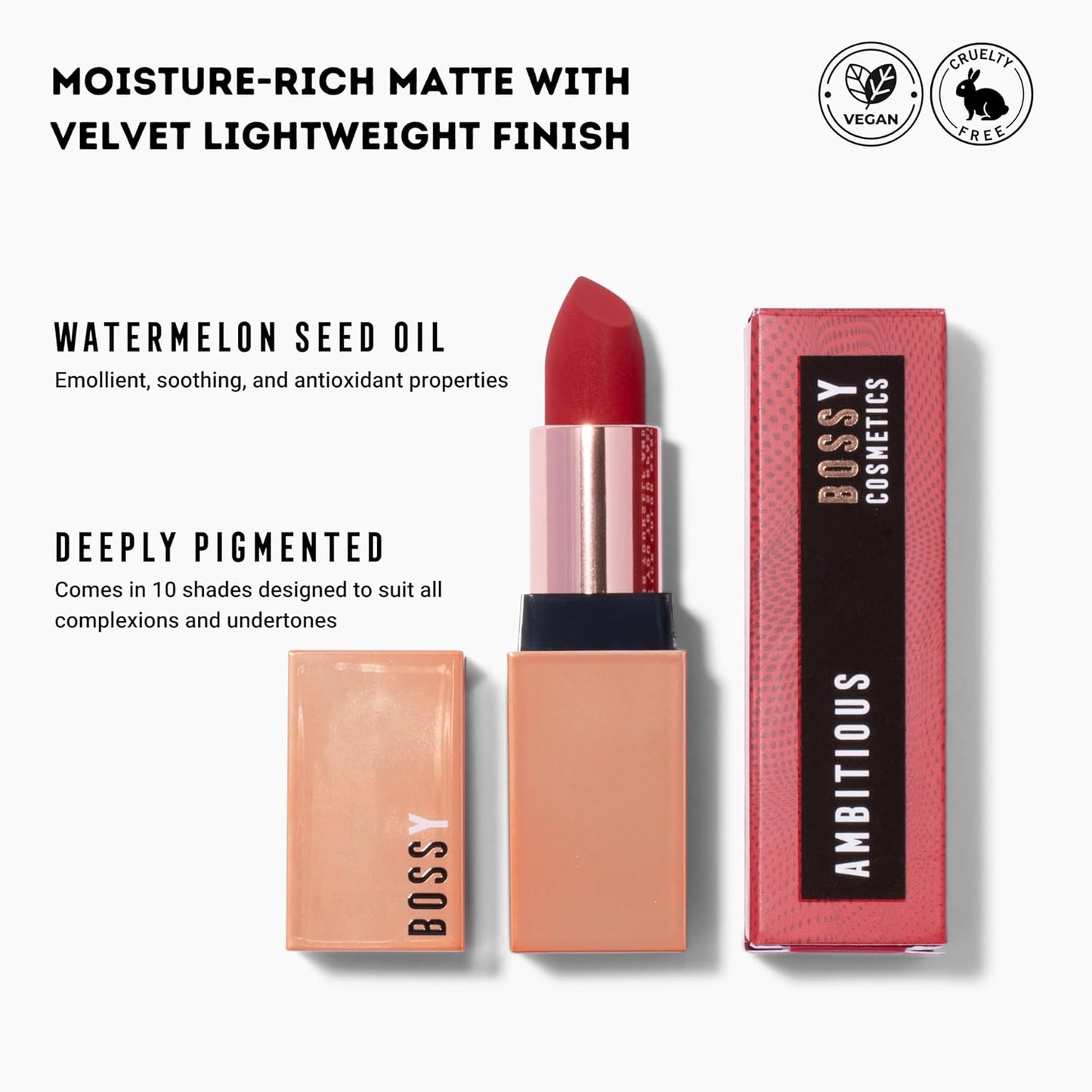 Vegan Lipstick for Women - Matte, Long-Lasting Hydrating Formula with Vitamin E & Watermelon Seed Oil | Ambitious Red Color