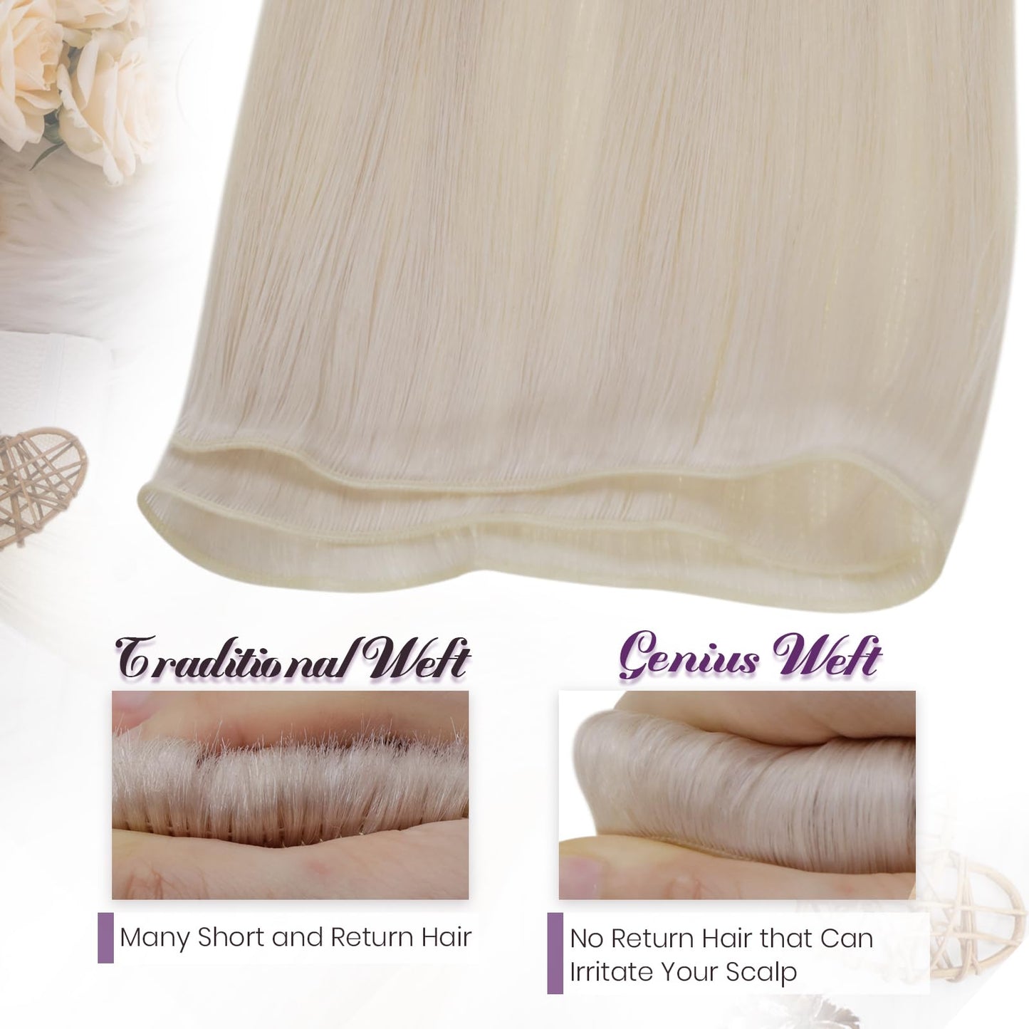 LaaVoo Hand Tied Weft Hair Extensions Human Hair Platinum Blonde Sew in Hair Extensions Real Human Hair Blonde 16 Inch 25g