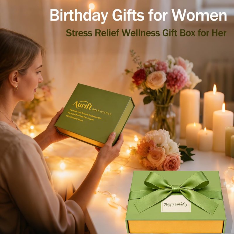 Self Care Relaxation Gift Set for Mom | Natural Wooden Massage Hair Brush & Scalp Gua Sha Tool - Stress Relief Wellness Box