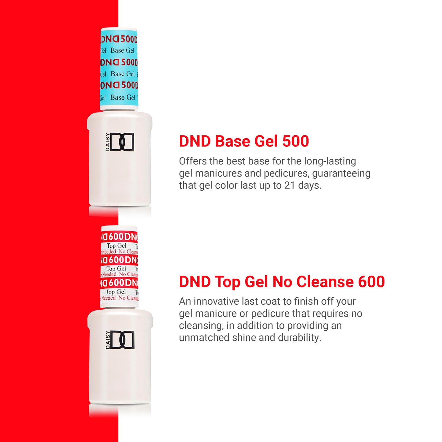 DND Base Gel and Top Gel Polish Set, UV/LED GelBase Polish and No Cleanse Top Coat, Professional Gel Polish Duo, 0.5 Fl Oz Each