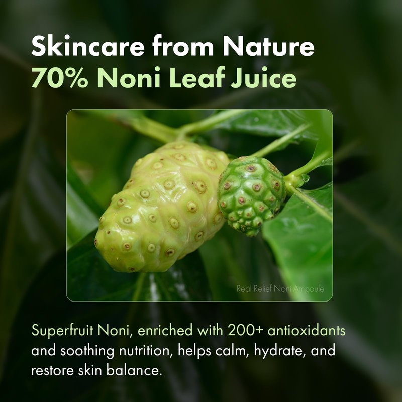 TOSOWOONG Real Relief Noni Ampoule, 701,518ppm Noni Leaf Juice, Korean Skincare Calming Serum, Dark Spots & Fine Lines, Hydration, Moisturizing, Anti Aging, Glass Skin Glow, 33ml / 1.11 fl. oz.