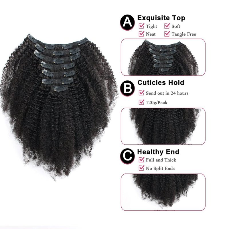 Brazilian Human Hair Afro Kinky Curly Clip-Ins - 16" | 8pcs, 120g for Black Women