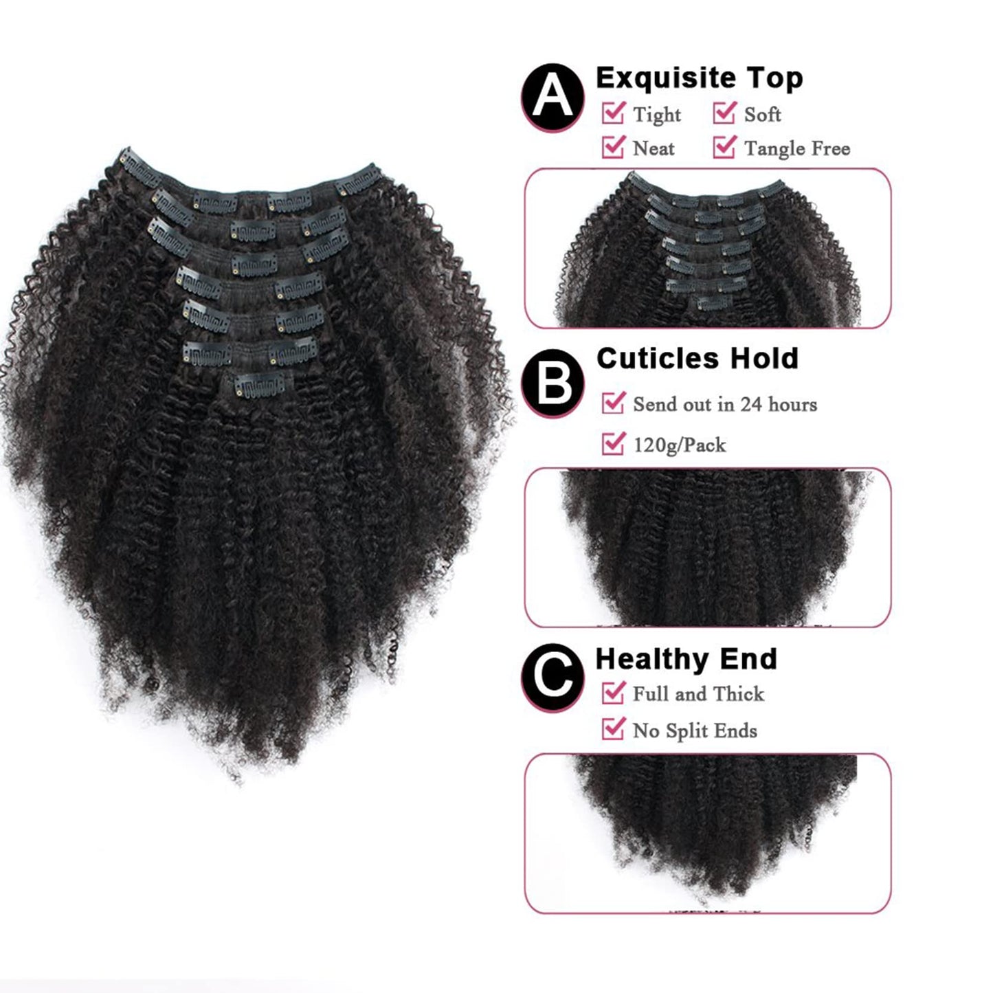Kabadu 8pcs 120g/set Afro Kinky Curly Clip In Human Hair For Black Women Hair Extension 4B 4C Brazilian Virgin Human Hair Clip Ins for African American Natural Black Color(14inch)