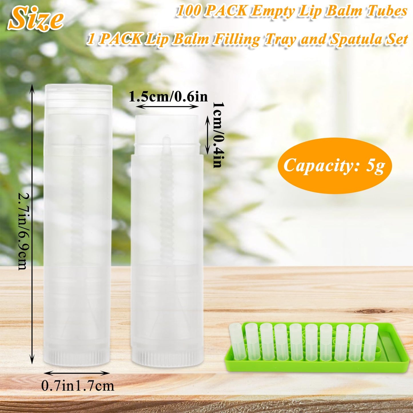 LANIAKEA 100PCS Lip Balm Tubes with Caps and Filling Tray and Spatula Set, Clear Lip Balm Container Tubes Empty Chapstick Tubes Empty Bulk for DIY Lipstick Homemade 3/16 Oz (5.5 ml)