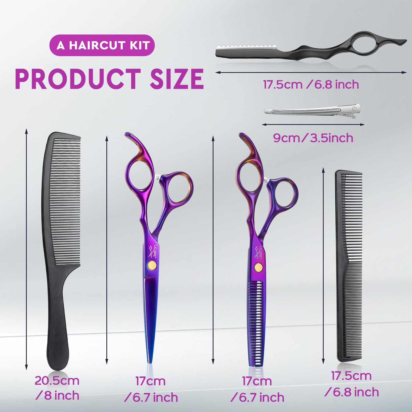 JASON Hair Cutting Scissors Professional - 10 PCS Haircut Scissors Set, Thinning Shears for Hair Cutting with 30 Teeth, Straight Shears for Men Women Home Salon Barber Purple