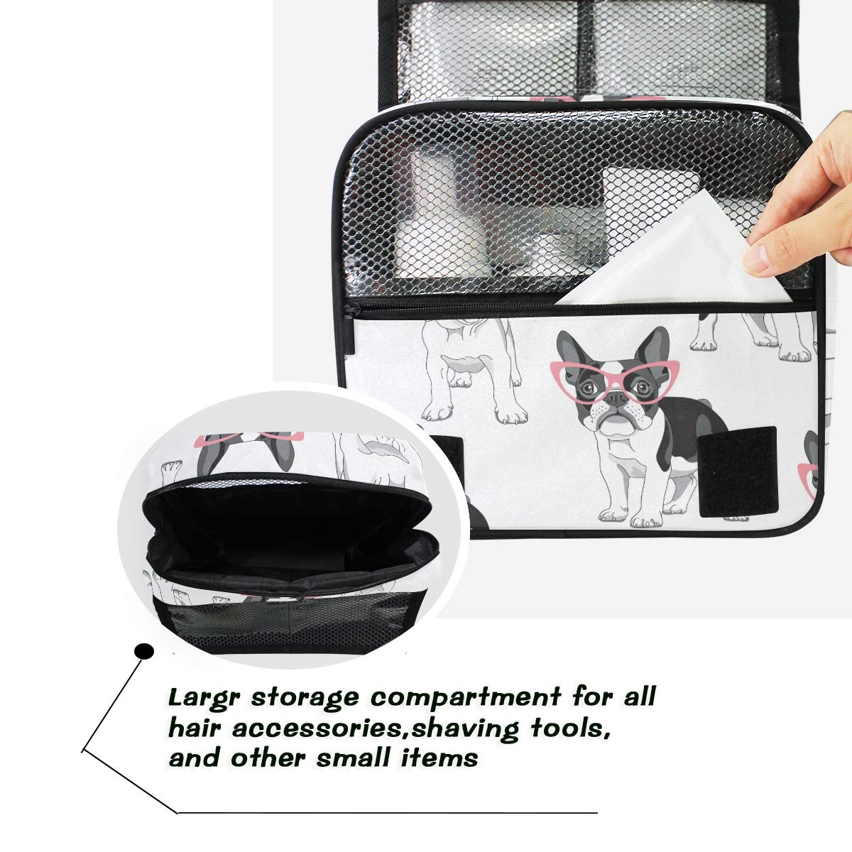 Bardic Hanging Travel Toiletry Bag Fashion French Bulldog Large Capacity Makeup Cosmetic Bag Portable Toiletry Kit Organizer