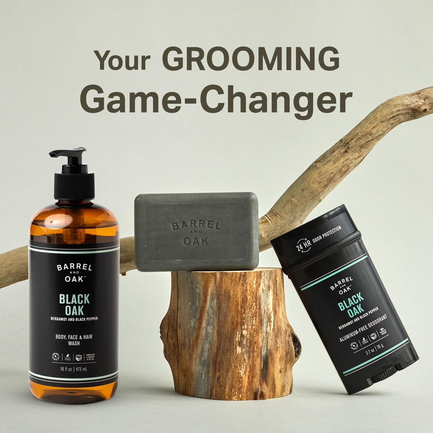 Barrel & Oak Black Oak Body Care Set for Men, All-in-One Body Wash, Exfoliating Bar Soap, & Aluminum-Free Men’s Deodorant, Vegan Grooming Kit, Gifts for Men, 3-Pack