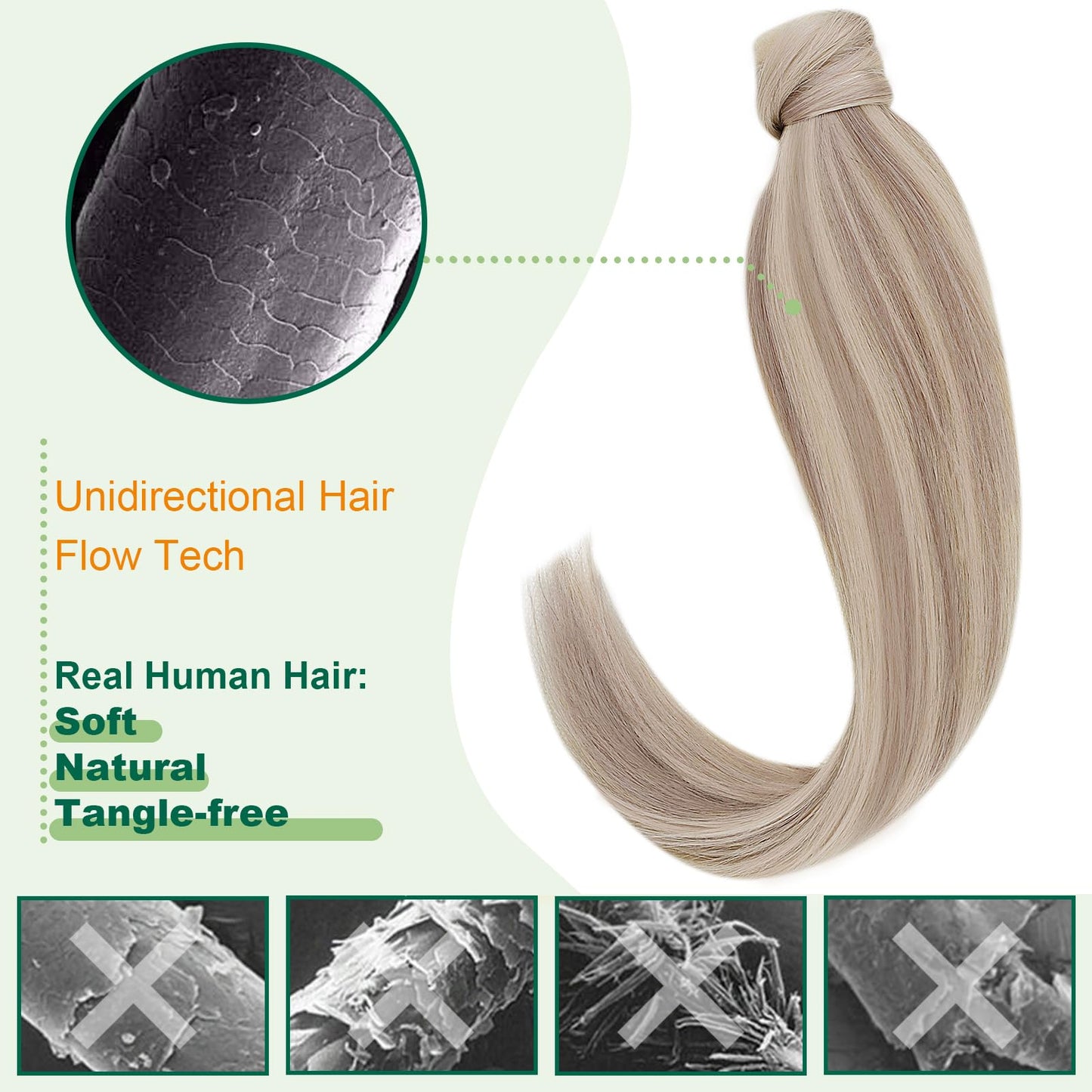 Easyouth Ponytail Extension Human Hair, 12 Inch 70G, Blonde Pony Tail Extensions, Ash Blonde Highlighted Bleach Blonde, Natural Hair Ponytail Human Hair for Women, Add Volume