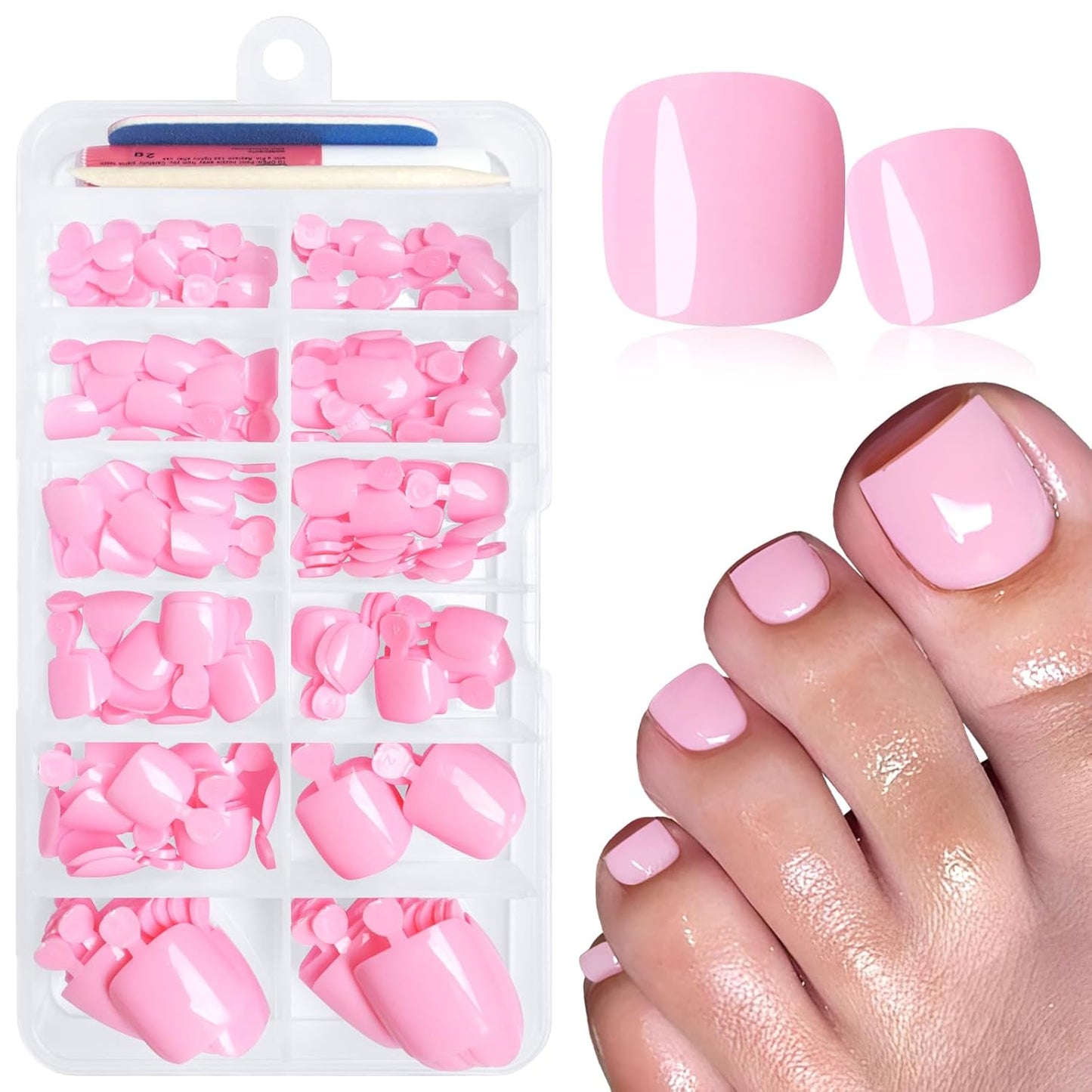 Press On Toenails for Women - 168pc Pink Acrylic Fake Toenails with Adhesive Tabs | Short Square Design