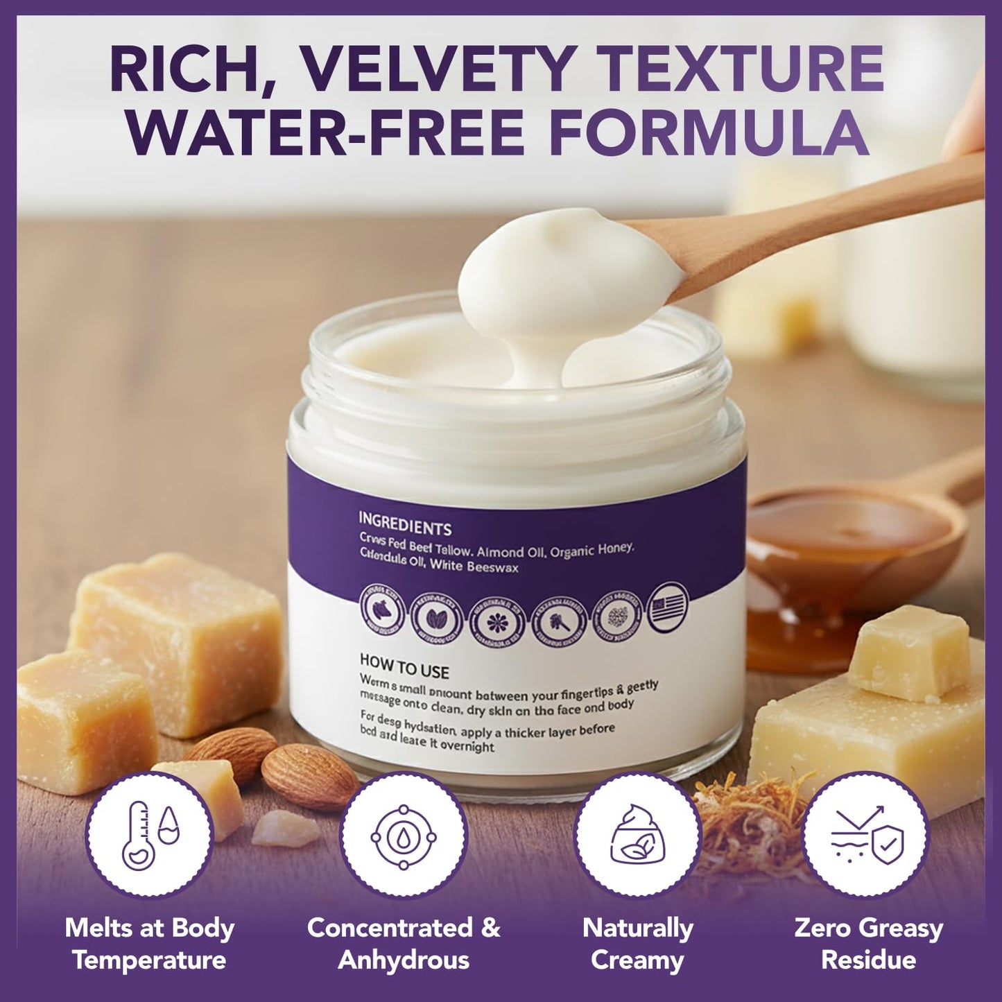Whipped Tallow and Honey Balm for Face & Body - 100% Grass Fed Beef Tallow Balm Only 5-Ingredients No Scent with Organic Honey & Calendula - Natural Moisturizer for Dry Sensitive Skin - Unscented, 2oz