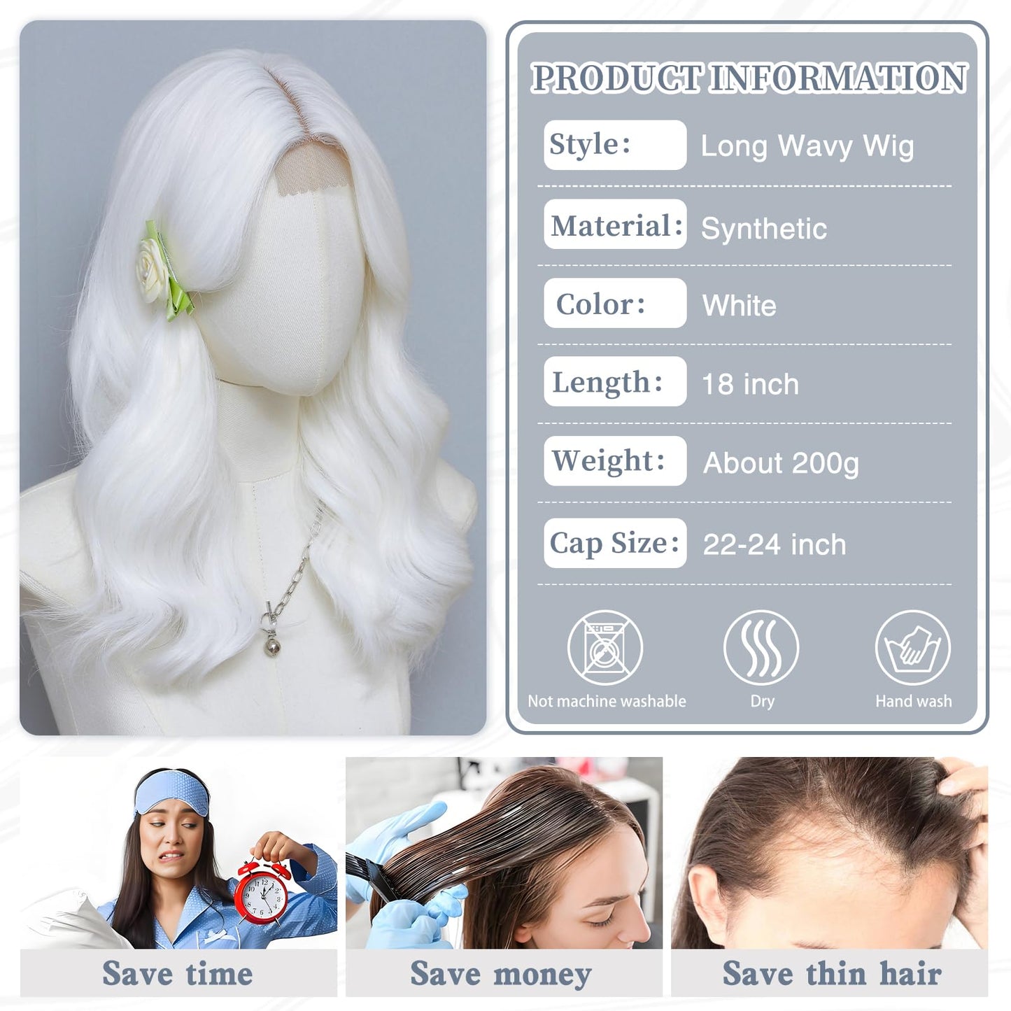 MORICA White Wigs for Women 18 Inch Middle Part Medium Length Short Curly Wavy Wigs,Natural Synthetic Hair Womens Wigs for Daily Party/Halloween Use（18inch，White）