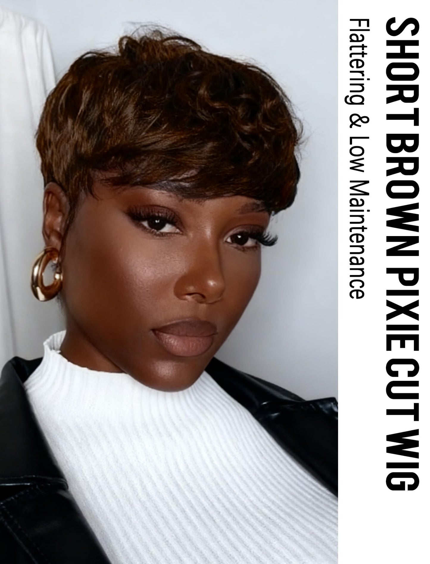 Realloves Pixie Cut Wig Human Hair Glueless Wear & Go Brazilian Virgin Remy Hair with Pre-Cut Bangs Short Wigs for Black Women, Full Machine Made Lightweight & Breathable Cap Chocolate Brown Color