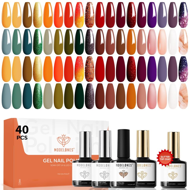 Modelones 40 Pcs Gel Nail Polish Set | Vibrant Colors with Base & Top Coat for DIY Manicure