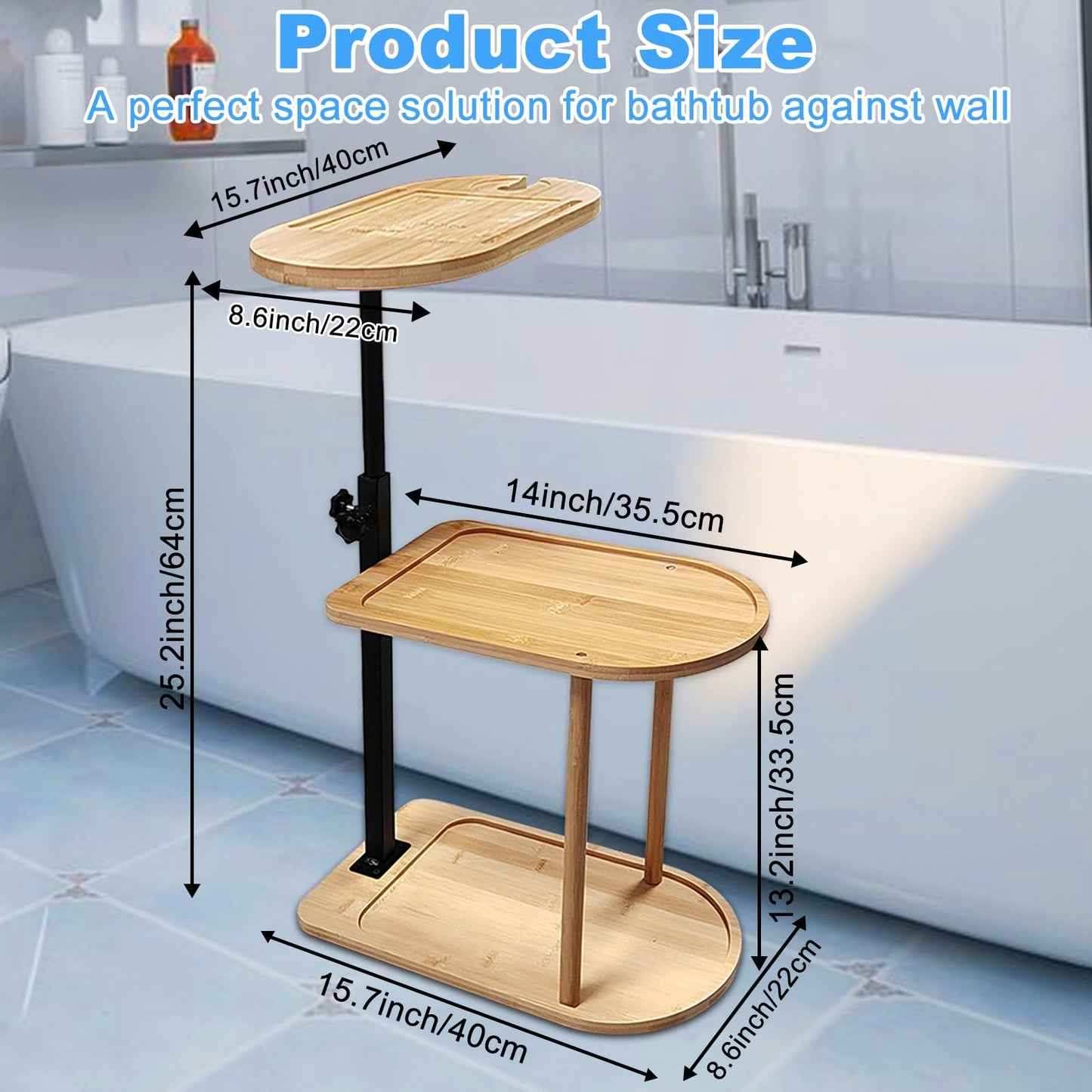 3 Layer Bath Tub Tray Table Liftable Freestanding Bamboo Bath Tray Caddy for Tub Against Wall Shelf Bathroom Organizer Shelf for Luxury Spa (Oval)