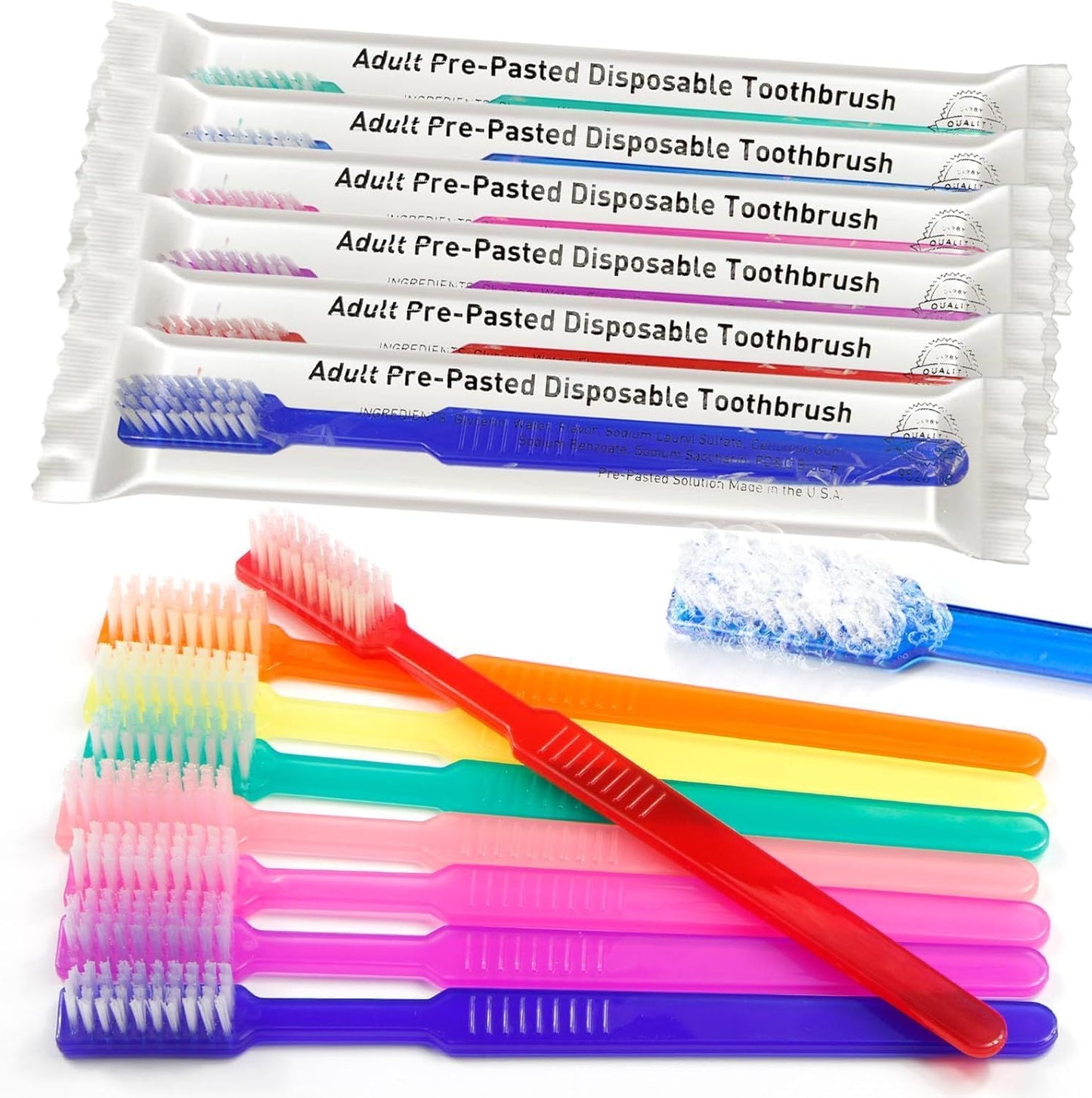 Disposable Pre-Pasted Toothbrushes - 200 Individually Wrapped Single Use Brushes | Ideal for Travel, Camping, and Gifts | Multi-Color