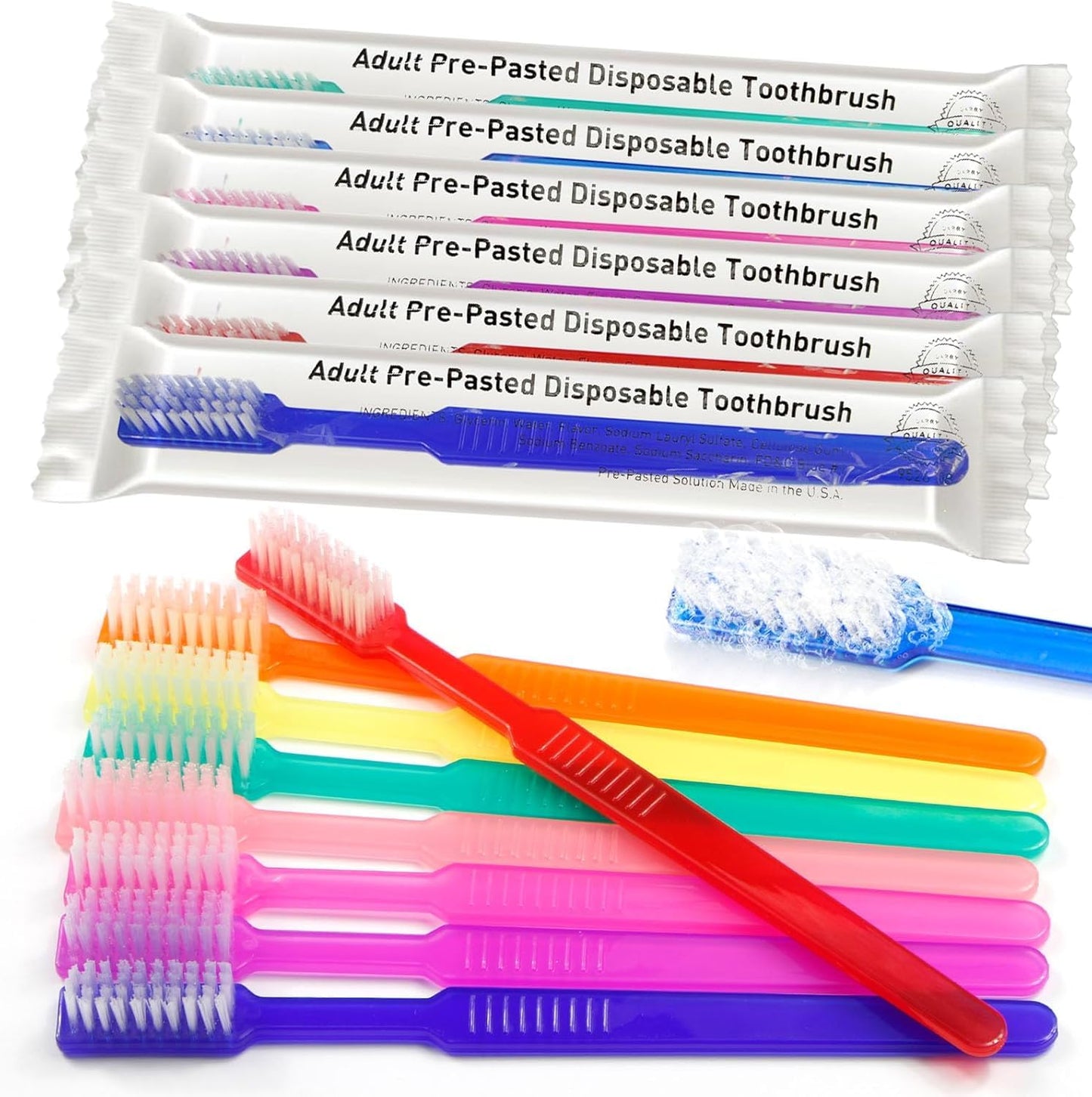 VASTMED 100 Pcs Disposable Pre-Pasted Toothbrushes Individually Wrapped Pre Pasted Toothbrush | Single Use Waterless Tooth Brush for Hotel, Camping, Homeless Gift | Multi Color