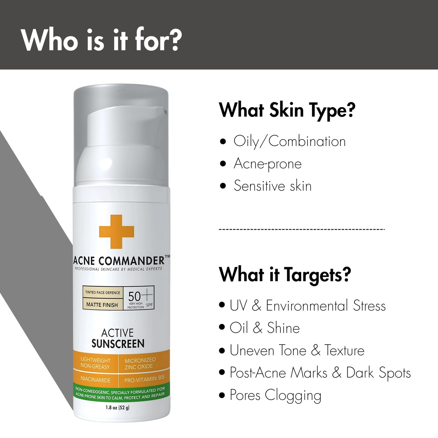 Acne Commander Mineral SPF 50 Face Sunscreen for Acne-Prone & Sensitive Skin — Zinc Oxide, Non-Comedogenic, No White Cast — Tinted, Broad Spectrum, Fragrance-Free, Lightweight Daily, ~52g