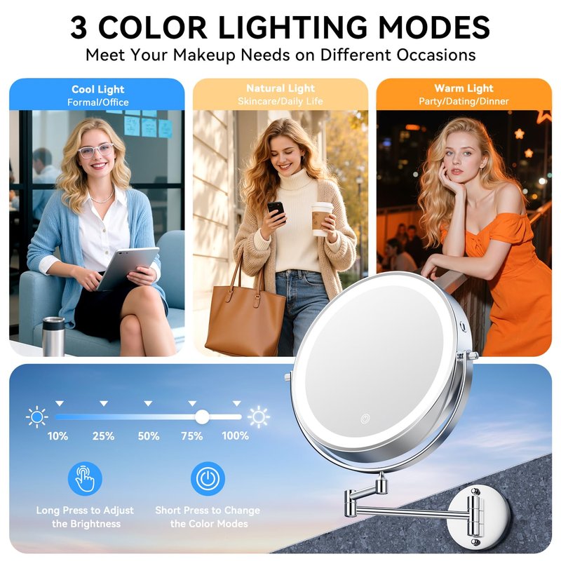 5000mAh Rechargeable Wall Mounted Lighted Makeup Mirror, 9'' 30X/1X Double-Sided Magnifying Mirror with Light, Bathroom Mirror Touch Dimmable 3 Colors 360° Rotation Extended Arm, Power Adapter