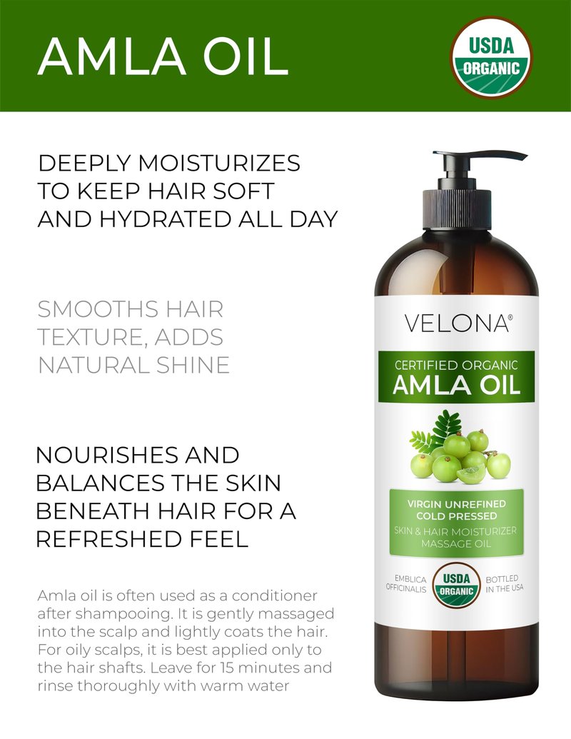 velona Amla Oil USDA Certified Organic - 16 Fl Oz | 100% Pure and Natural Carrier Oil | Extra Virgin, Unrefined, Cold Pressed