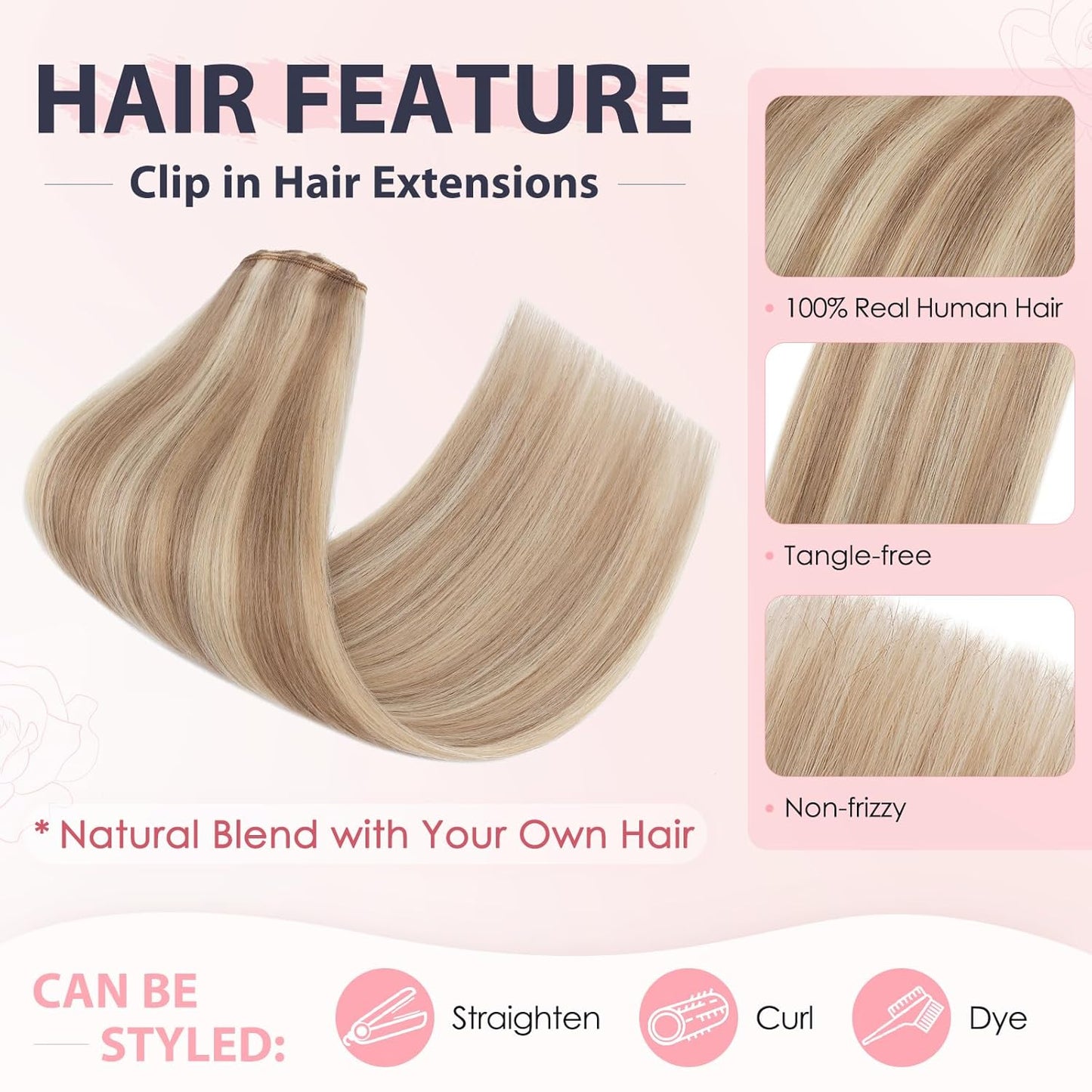 Real Human Hair Clip-In Extensions - 20 Inch Soft Lace Wefts | Flax Yellow Mixed Light Gold - 3 PCS Set