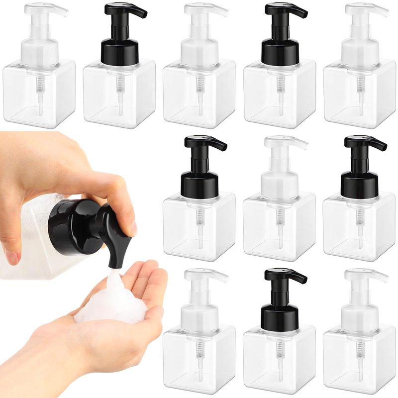 Domensi 12 Pcs Black White Foaming Soap Dispenser 8.5 oz Foam Pump Bottle Empty Travel Foaming Dispenser Refillable Hand Soap Plastic Pump Bottle Travel Clear Container for Bathroom Vanities