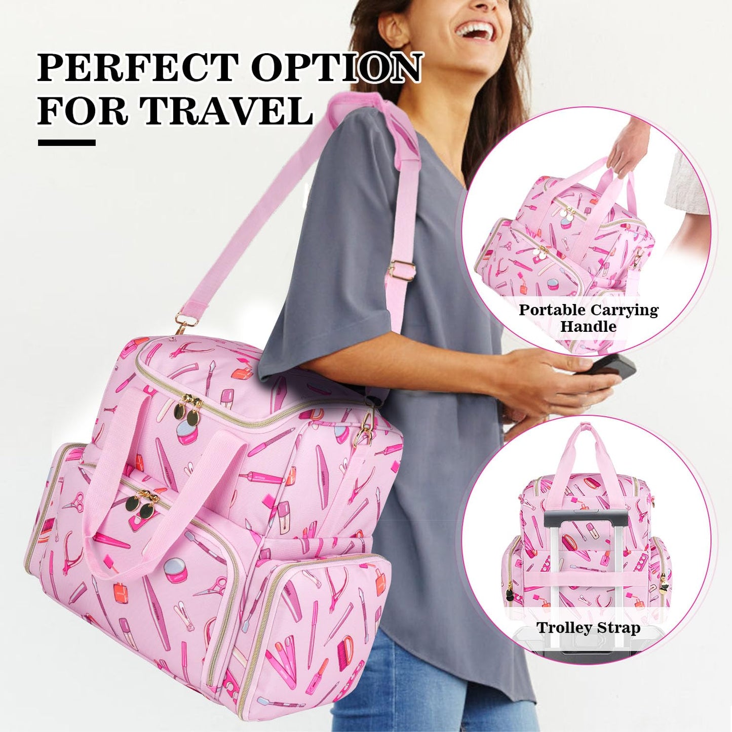 Extra Large Nail Polish Organizer Case Holds 80 Bottles and a Nail Lamp, Nail Organizers and Storage with 2 Removable Pouches, Travel Nail Supplies Carrying Bag for Nail Art Tech & Manicure Tools,Pink