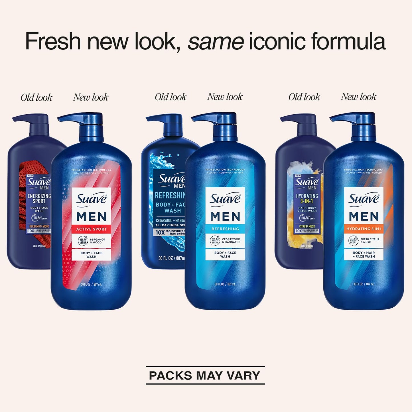 Suave Men Body & Hair Care Variety 3-Pack – Energizing Sport, Refreshing Body + Face Wash, and Hydrating 3-in-1 Hair + Body + Face Wash, 30 Oz Ea