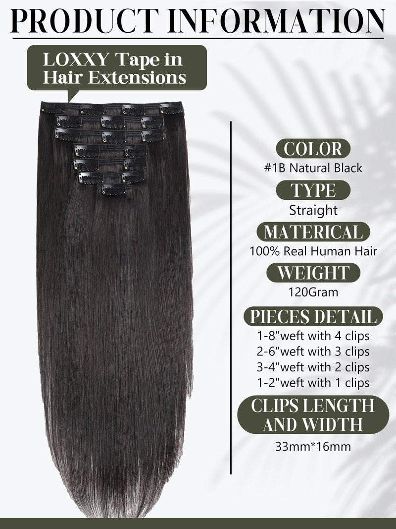 Black Clip-In Hair Extensions - 7 Pcs 120g Jet Black Straight Human Hair | Easy Double Weft Design