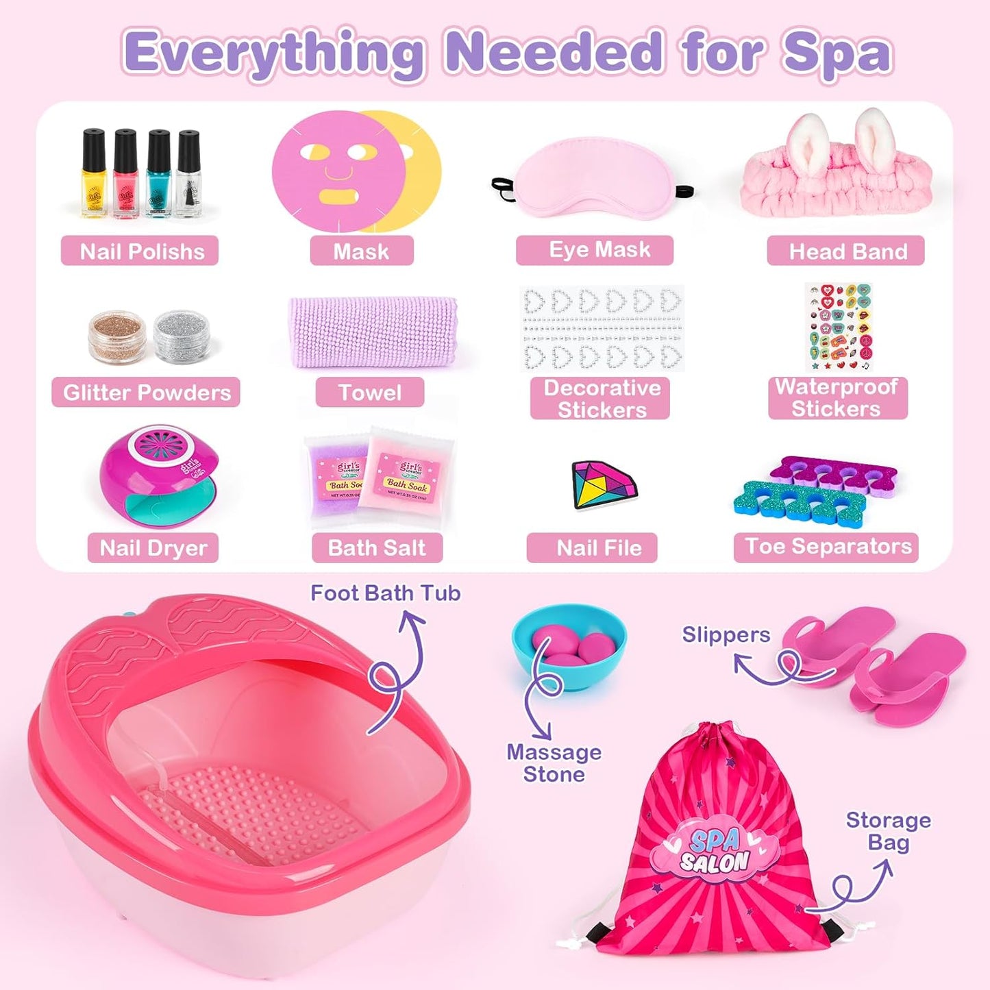 Dreamon Kids Foot Spa & Nail Kit Set - 25-Piece Rainbow Light Massage Foot Soak Tub | Manicure & Pedicure Art for Ages 3-12
