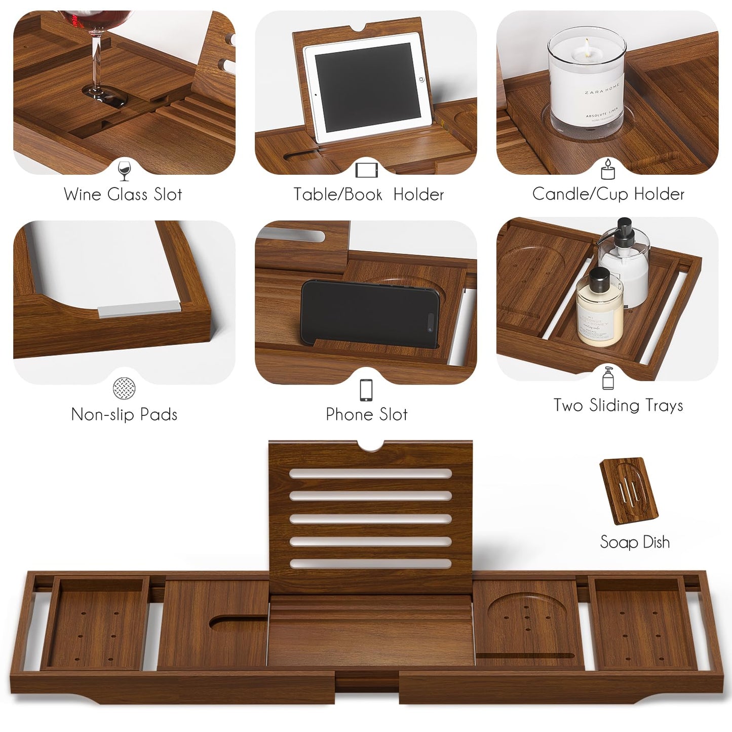 Wooden Bathtub Tray for Luxury Bathroom, Expandable Premium Teak Bath Tray, Adjustable Bath Accessories for Tub, as Unique Housewarming, Holiday, Birthday Gifts